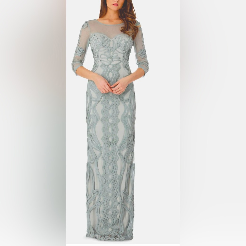 NWT JS Collection 1/2 Sleeve Illusion Yoke Soutache Appliqué Column Gown B1